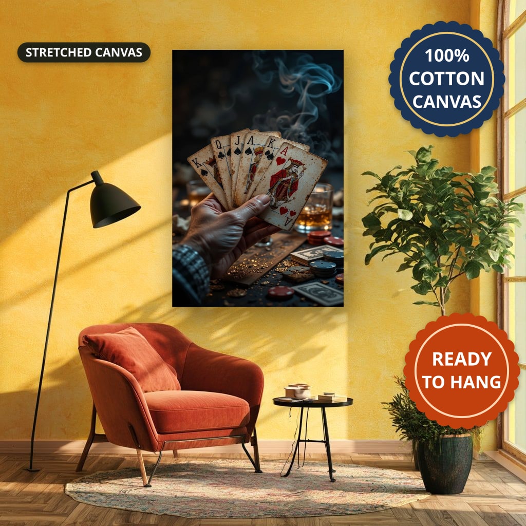 Playing Cards Fan In Smoky Casino Canvas Wall Art, Large Vertical