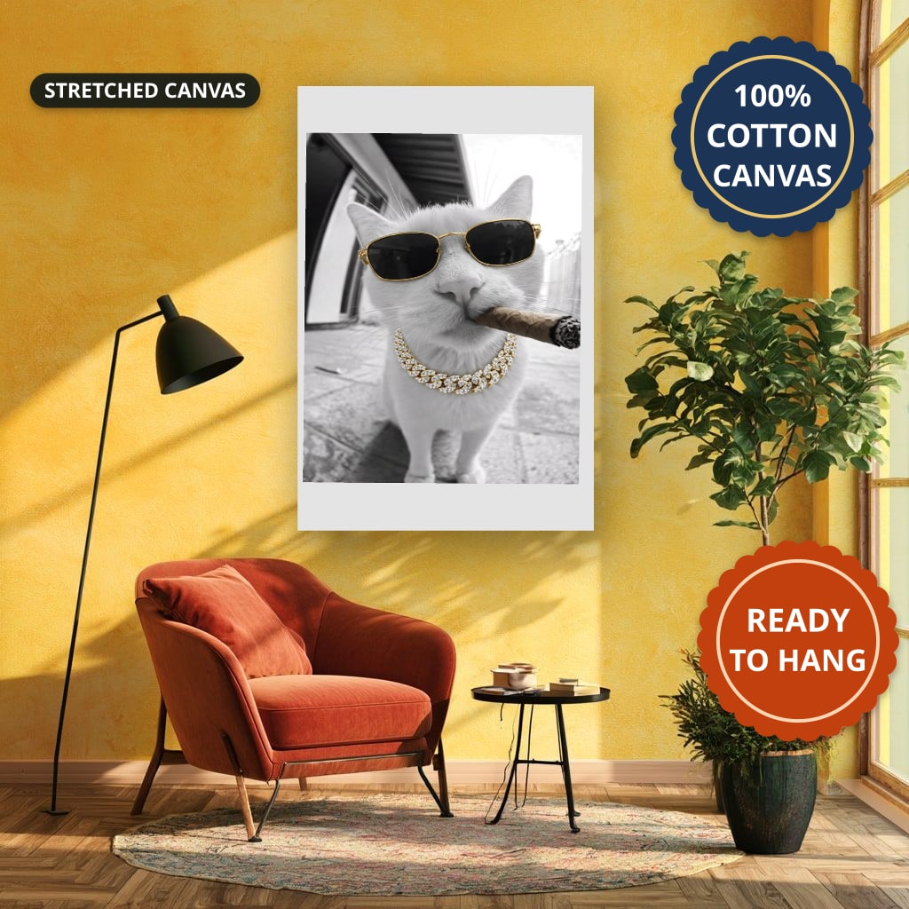 White Cat Wearing Sunglasses With Cigar Canvas Wall Art