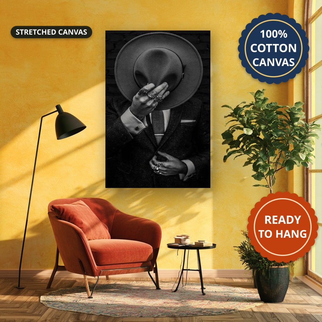 Faceless Man Holding Hat In Suit Canvas Wall Art, Large Vertical