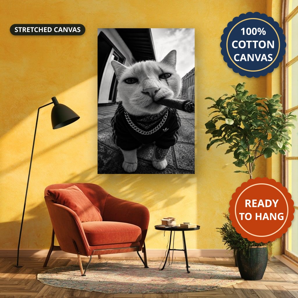 Cat Smoking Cigar In Street Canvas Wall Art, Large Vertical