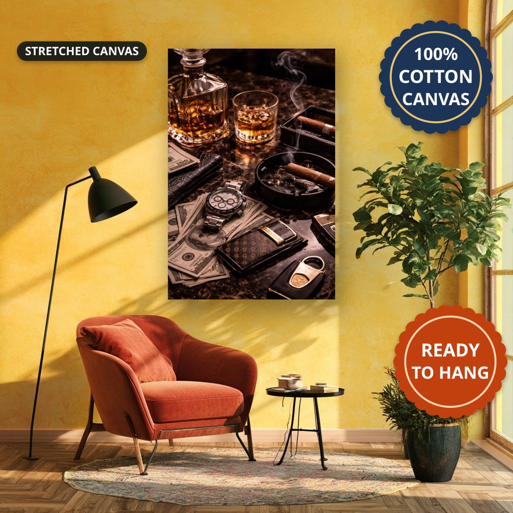 Whiskey Cigar And Luxury Desk Canvas Wall Art, Large Vertical