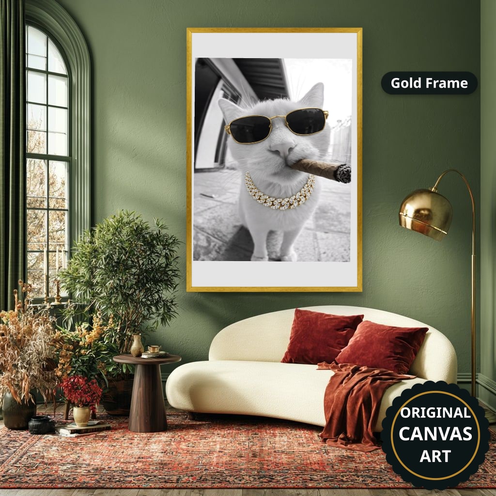 White Cat Wearing Sunglasses With Cigar Canvas Wall Art