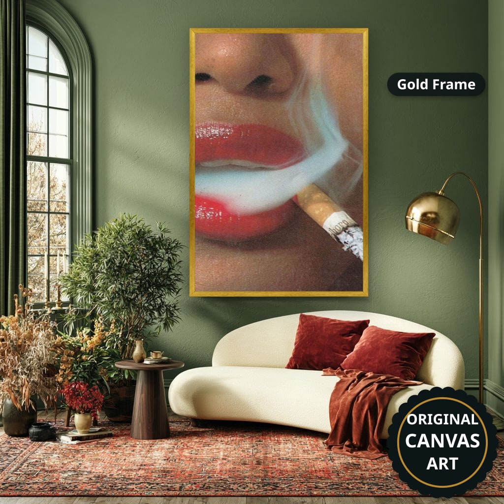 Woman Smoking Cigarette Close Up Canvas Wall Art, Large Vertical