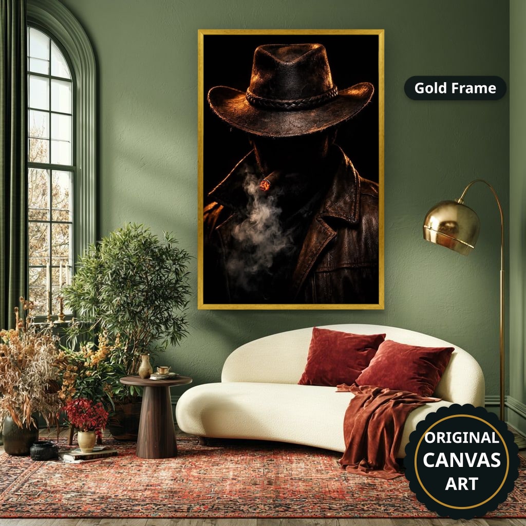 Mysterious Cowboy With Cigar Smoke Canvas Wall Art, Large Vertical