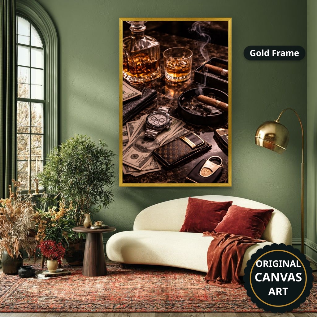 Whiskey Cigar And Luxury Desk Canvas Wall Art, Large Vertical