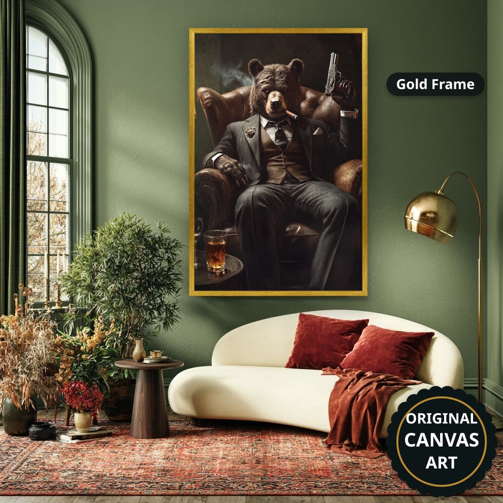 Bear Mob Boss In Armchair Canvas Wall Art, Large Vertical