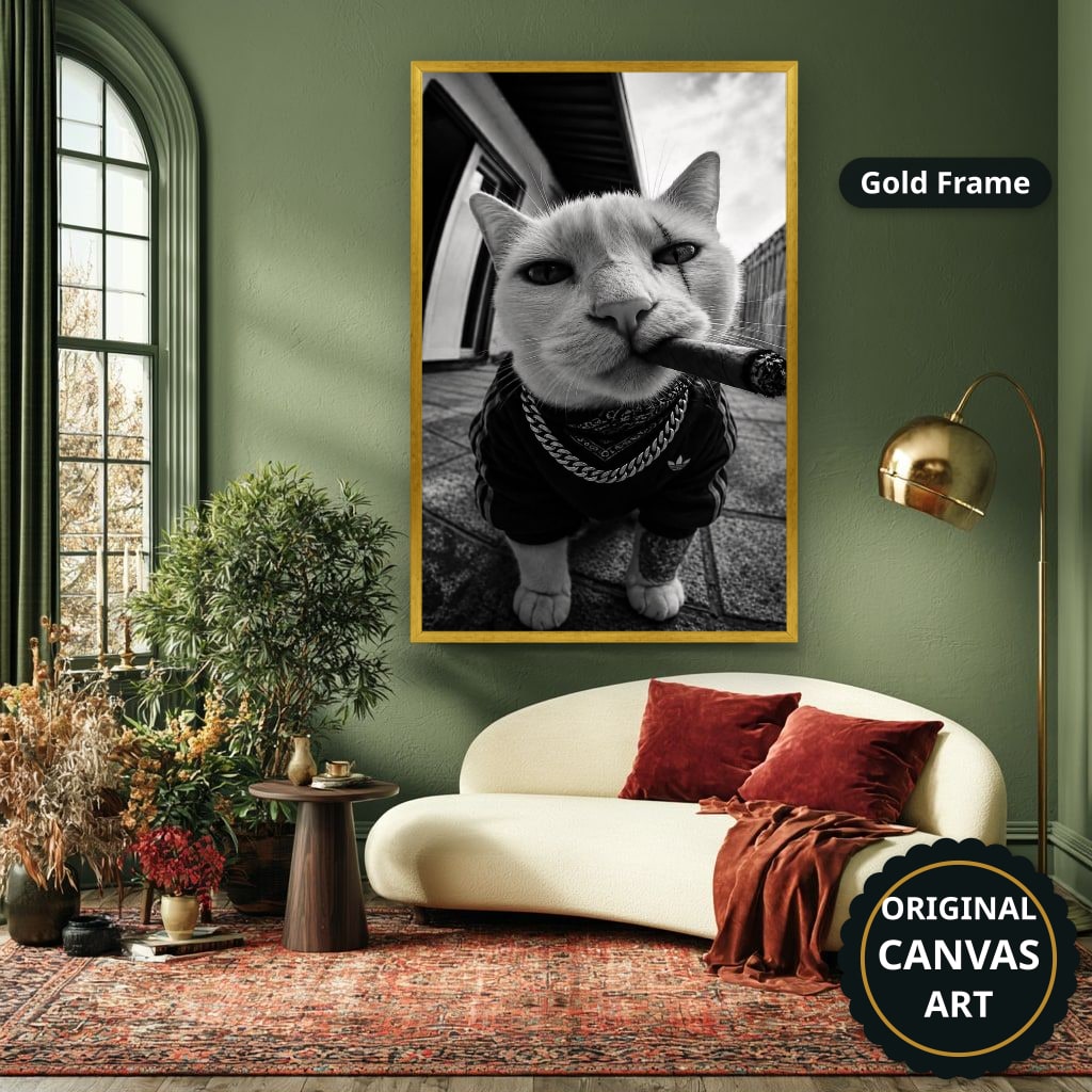 Cat Smoking Cigar In Street Canvas Wall Art, Large Vertical
