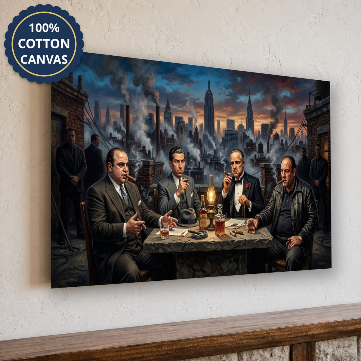 Mafia Dinner Scene Canvas Wall Art, Urban Skyline Wall Decor