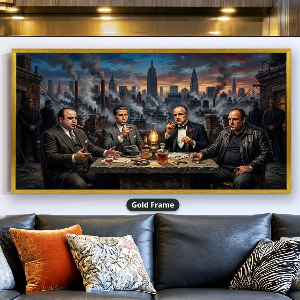 Mafia Dinner Scene Canvas Wall Art, Urban Skyline Wall Decor