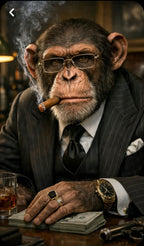 Dapper Monkey With Cigar Canvas Wall Art, Charcoal Grey, Vintage Noir
